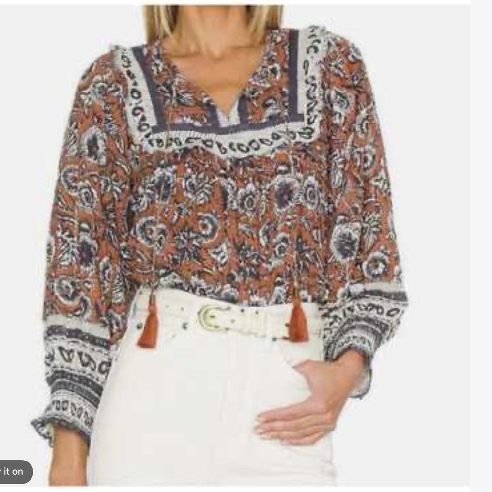 Cleobella Womens Organic Cotton Blouse XS Floral Tassel Boho Ruffle Top Fall